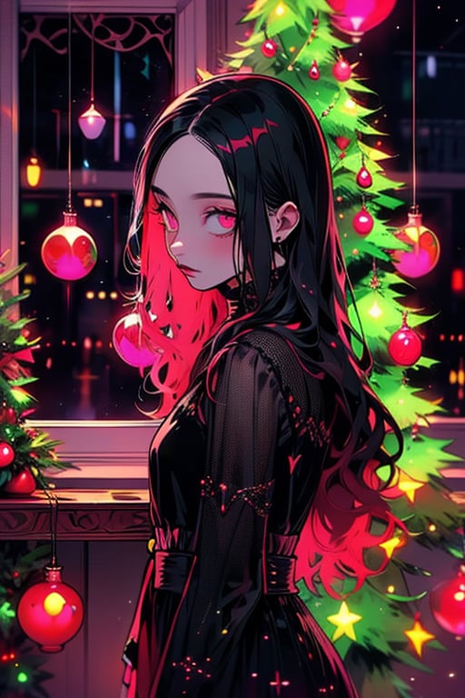 1girl, solo, long hair, looking at viewer, black hair, long sleeves, dress, closed mouth, indoors, pink eyes, black dress, from side, window, glowing, christmas, christmas tree, gothic, christmas ornaments, black lips