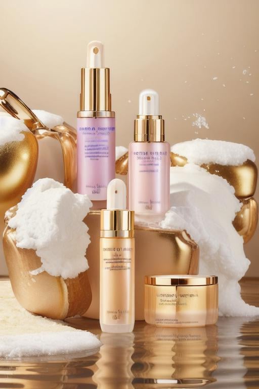 (Hyper quality:1.41),High resolution,Colorful,Extreme Details,Vivid Colors,(masterpiece:1.42),a bottles of glass skin care products,on the golden water waves,the background is snow-capped mountains,exquisite light source,photographic sense,<lora:MooMoo-Golden Cosmetic:1>,