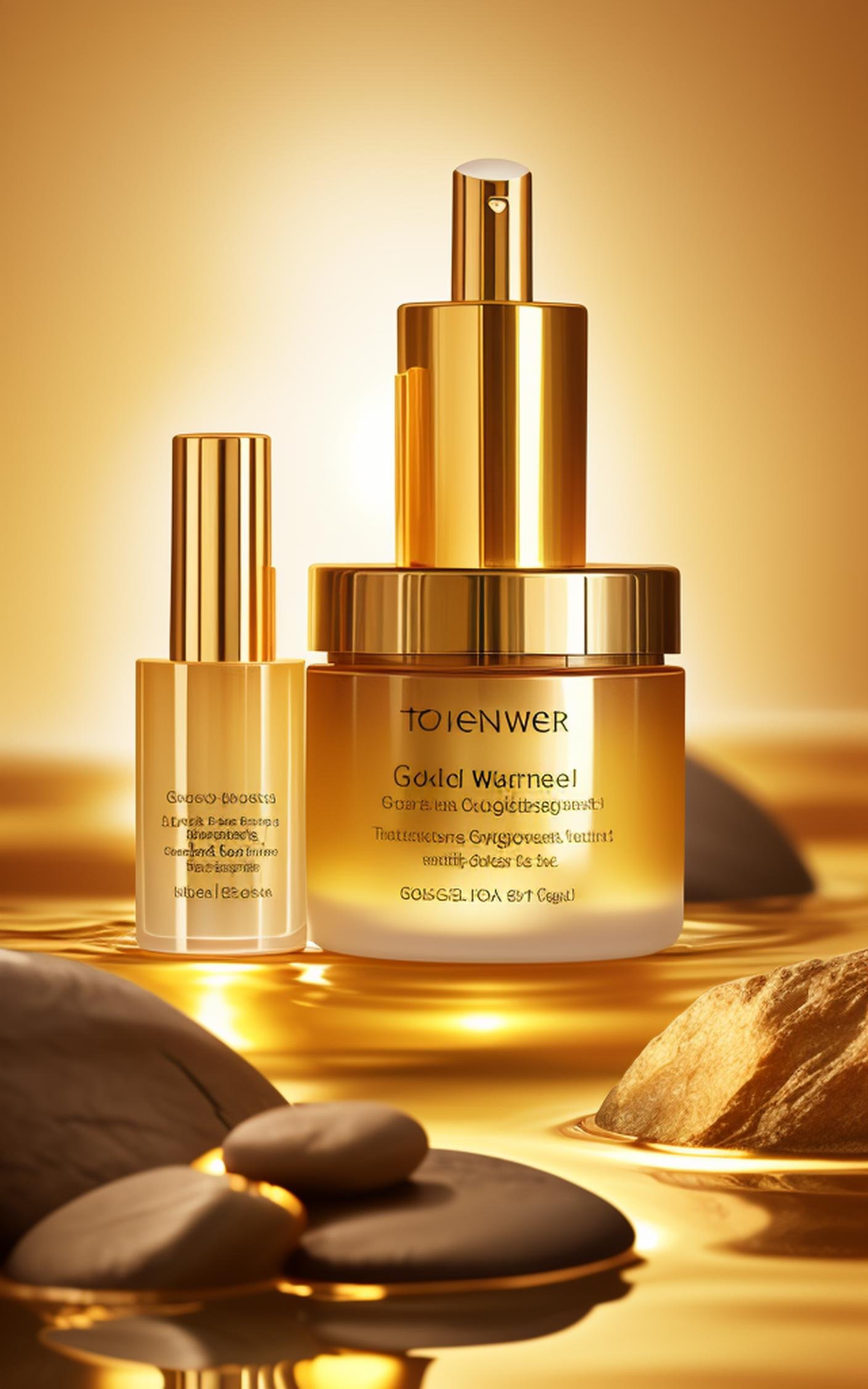 parameters: "parameters: \"golden water, golden background, skincare, rocks,