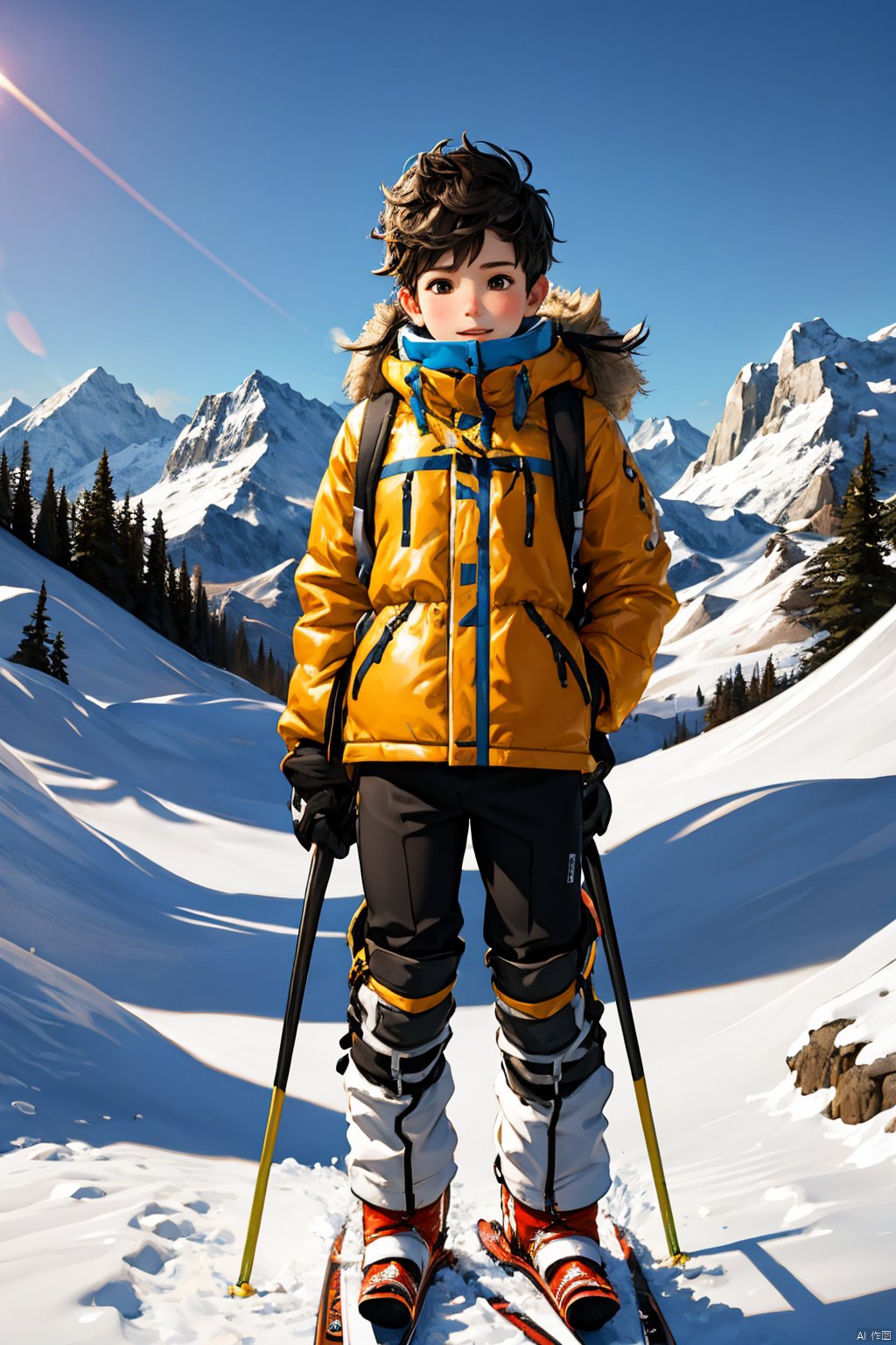 A boy, Wear professional ski attire, Ski on the snow-capped mountains