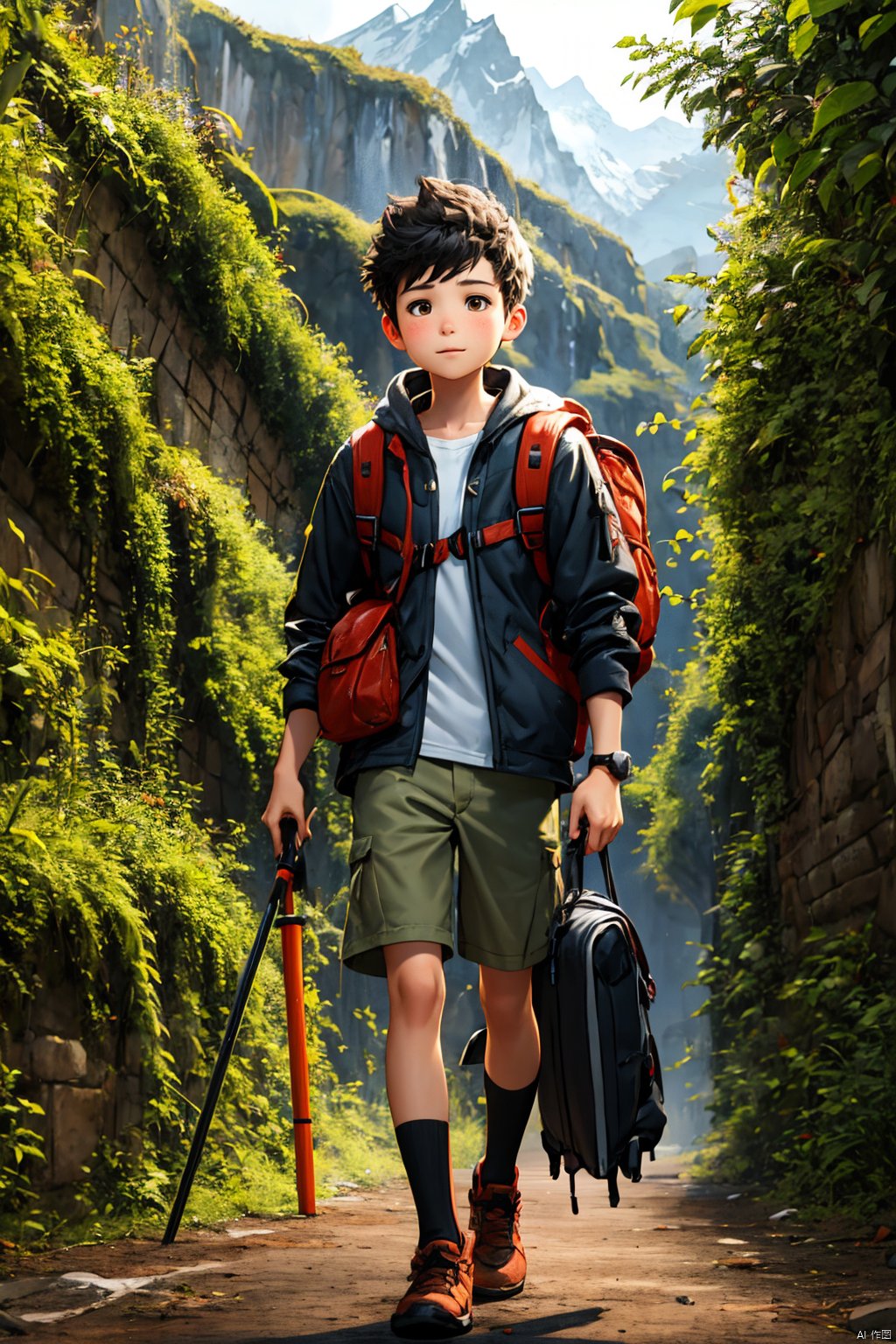 A boy, Wearing mountaineering clothing, Carry a bag, Take the walking stick., See the scenery in the wild