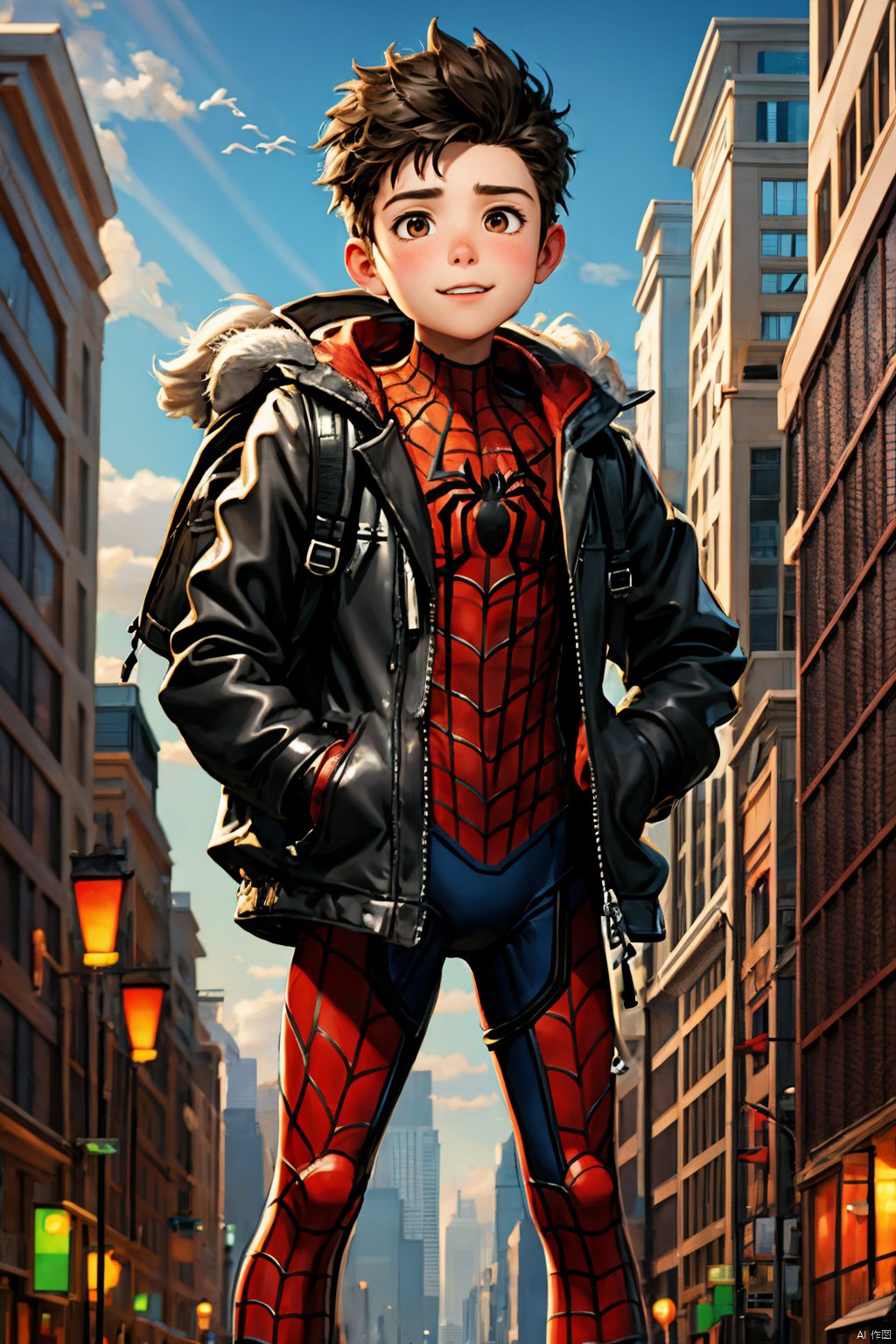 A boy, Wearing Spider-Man's coat, Fly in the city