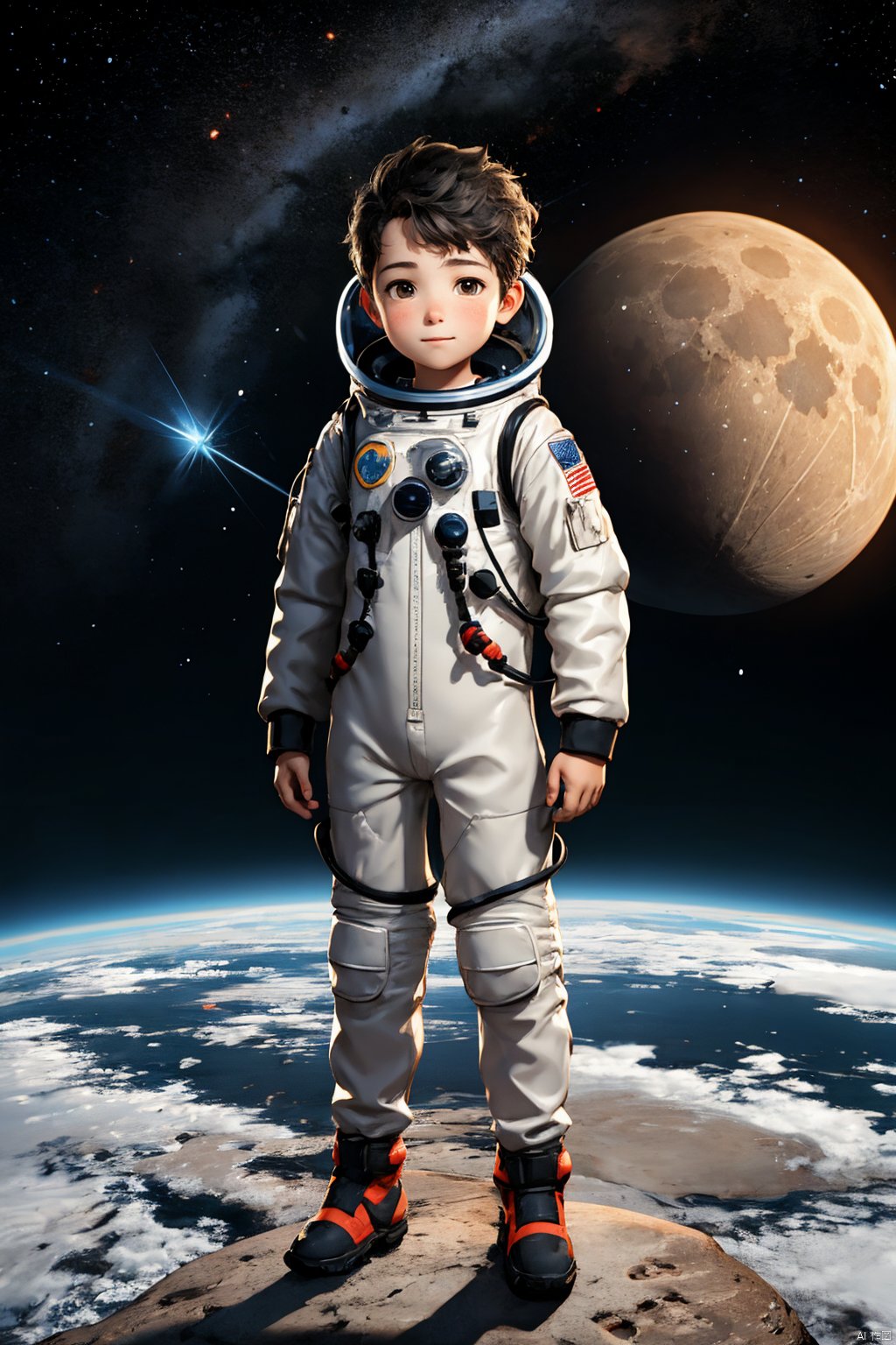 A boy, Wearing a spacesuit., Standing on the moon, Spaceship, Science fiction