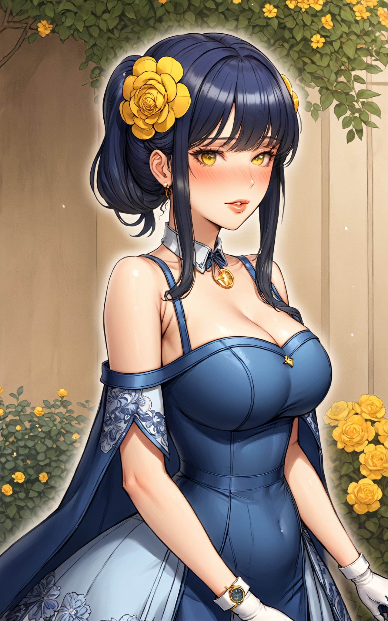 (Masterpiece),  (highres),  8k,  (traditional media:1.2),  manga,  digital illustration,  2d,  retro artstyle,  (ultra-detailed portrait of a girl in a doll dress in a garden,  floral print,  beautiful,  princess,  hair ornament,  leaning against wall,  gloves,  colorful,  extremely detailed,  detailed face,  lipstick,  twintails,  dark blue hair,  yellow eyes,  from below,  from side,  looking back,  looking at viewer,  stylish,  expressive,  smirk,  smug, , mature female,  looking to the side,  shoulder cape,  cool,  aged up,  officer,  intricate watch,  head tilt,  looking at viewer,  v arms,  cowboy shot,  fully clothed,  (8k resolution), r0b0cap,<lora:EMS-264907-EMS:0.600000>