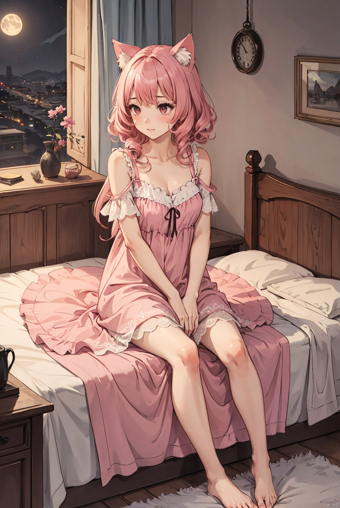 A girl with white curly hair, cat ears, sitting on the bed, pink bed, broken lace nightgown, barefoot, shy, tail