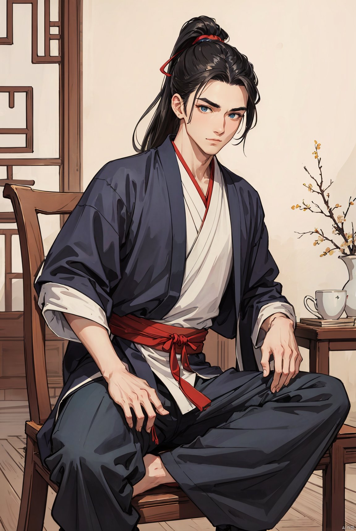 ​A young man with sword eyebrows and starry eyes , handsome face , exquisite facial features , bright eyes , tall nose bridge , black hair , flowing long hair , high ponytail , black wrist guard , ancient style , cultivation style , blue Taoist robe , exquisite Chinese Hanfu , long pants , Chinese cloth boots , Sit on a wooden chair , perfect figure , exquisite muscles , The style of ink painting , master ' s work , high-definition 8k