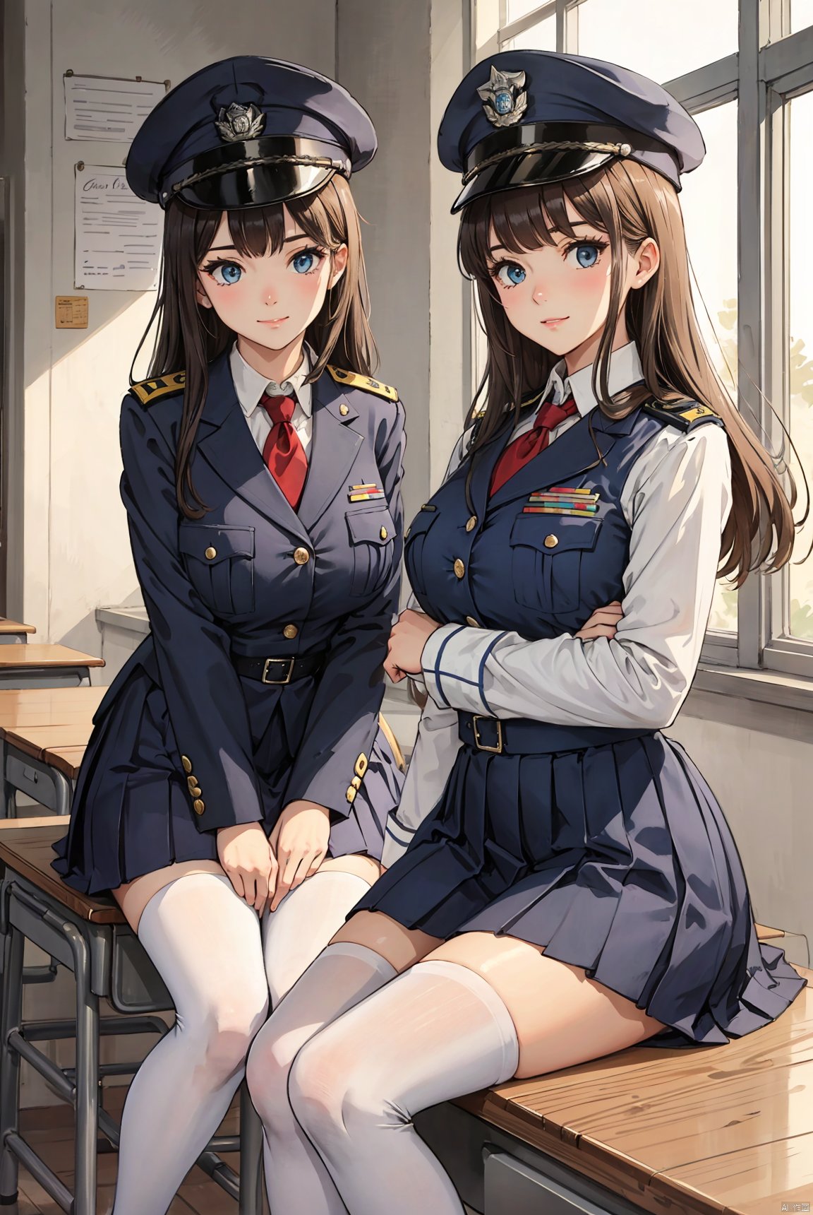 Two young girls, light blue officer hats, light blue military uniforms, bulletproof vests, officer, black short skirts, white stockings, without shoes, sitting on desks, tiptoed up. Inside the classroom, there is a huge blackboard and desk, with a ray of sunlight shining in from the window. The warm military school classroom, female high school students, women's college, and military school
