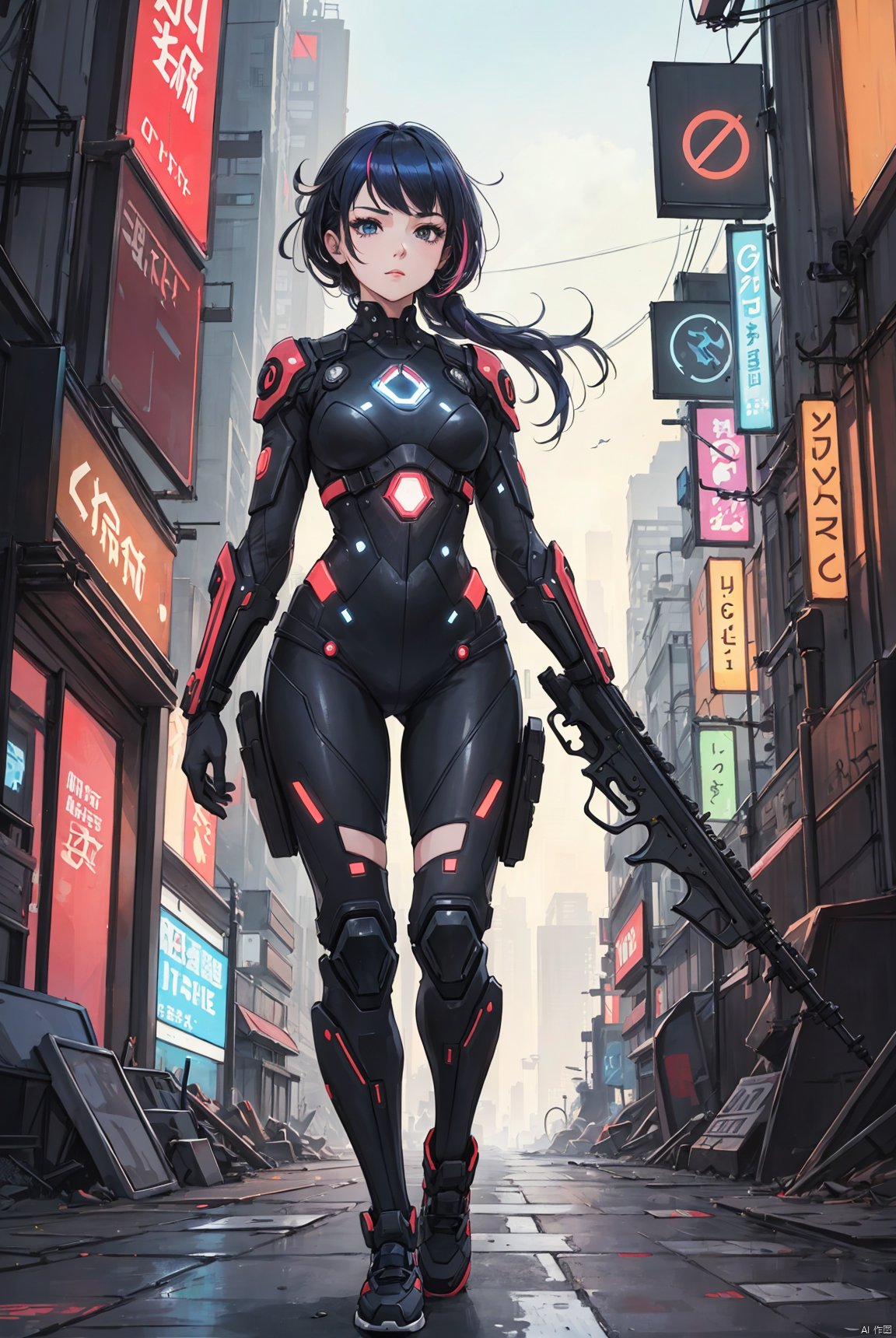 A woman wearing a futuristic suit walks in the future city, holding a gun. Artgem, Stanley Artgem lau, cyberpunk art, purism, various postures, and colorful hair