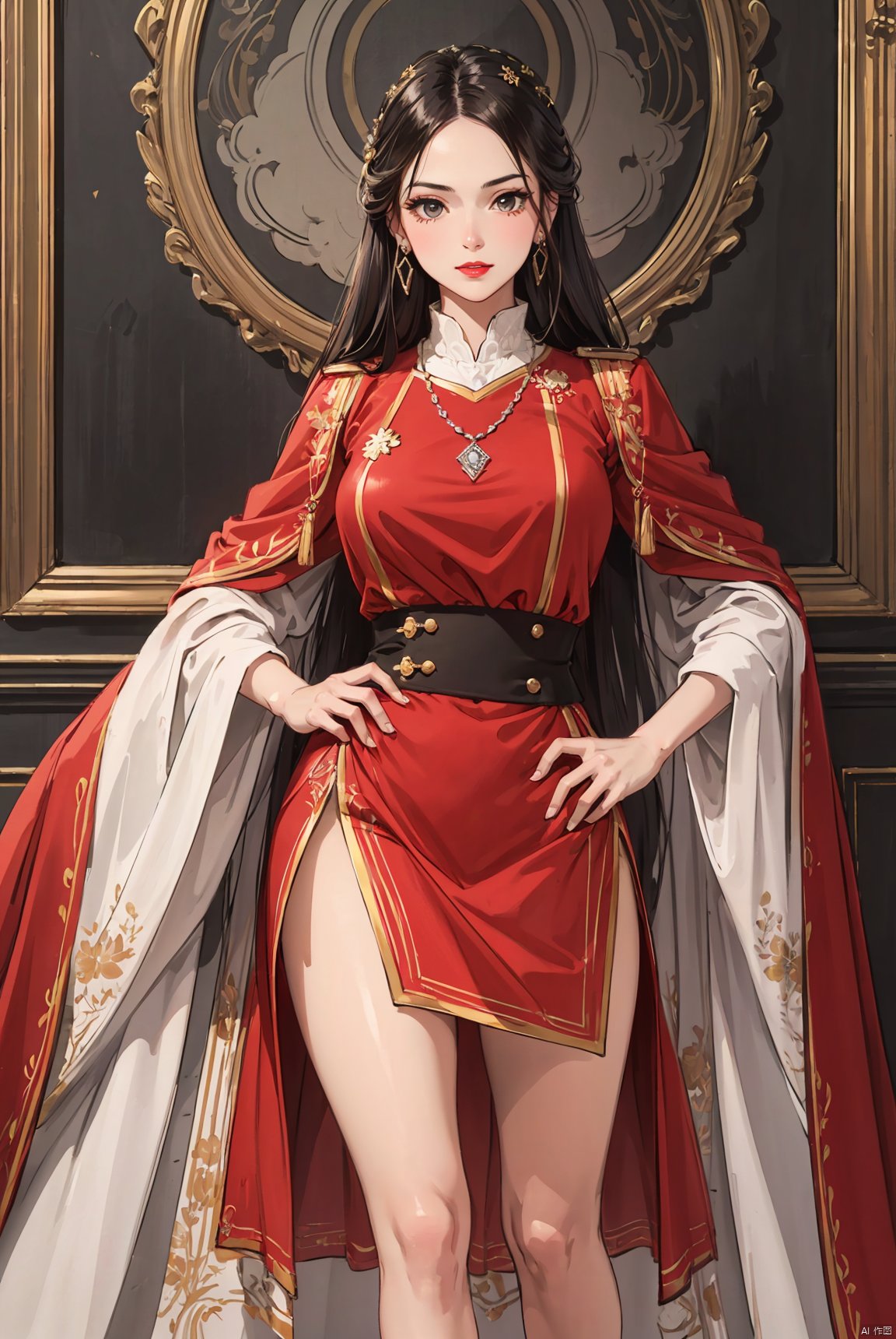 Top level CG, highest image quality, masterpiece, exquisite and delicate beautiful girl, (185cm beautiful woman), (tall figure), imperial sister, queen temperament, fair skin, ((long legs)), perfect facial features, bright eyes, seductive posture, red lips, beautiful and cold, red clothes, (big breaks), beautiful and heroic, soft and long hair, sparkling, lace edge, mesh, perspective visible skin, diamond earrings, ruby necklace, (black and white uniform), 8k image quality, (realistic portrait), characters occupying the entire painting surface. (Facial lighting), (Standing)