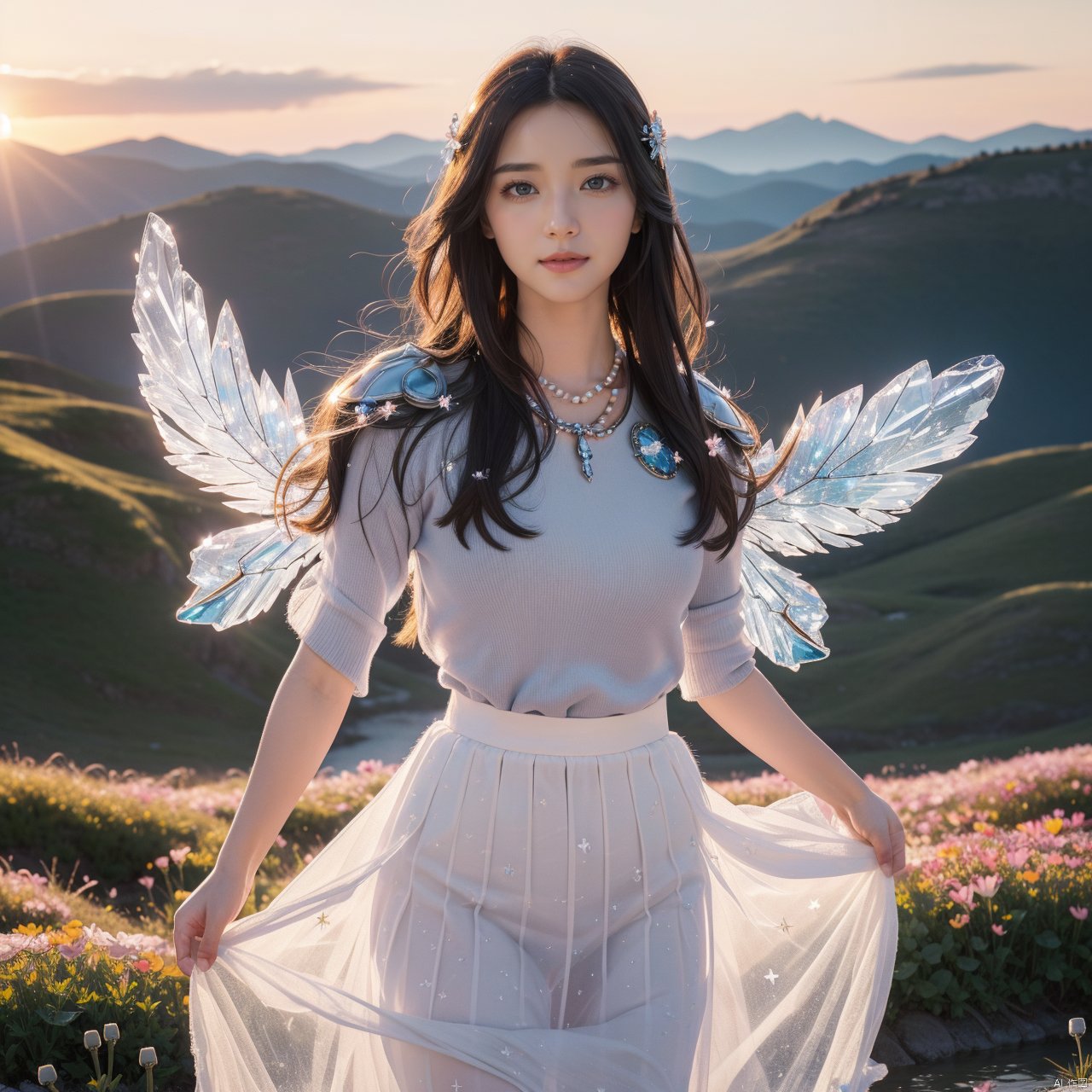 UPPER BODY, (WINGS), cinematic photo official art, unity 8k wallpaper, ultra detailed, aesthetic, masterpiece, best quality, (Long gauze skirt:1.3), The hemline fluttersphotorealistic, entangle, mandala, tangle, entangle, 1girl, , ecstasy of flower, dynamic angle, the most beautiful form of chaos, elegant, a brutalist designed, vivid colours, romanticism, atmospheric, 135mm photograph, film, bokeh, professional, 4k, highly detailed, skin detail realistic, ultra realistic, long hair, straight hair, eyes detail, blue eyes, light in eyes, sunset, ((dieselpunk)), sunset, ((dieselpunk)), closed mouth, medium breasts, realistic, simple background, (realistic:1.5), masterpiece, Extremely detailed CG unity 8k wallpaper, best quality, highres:1.2), (ultra_detailed,  UHD:1.2), (pixiv:1.3), perfect illumination, distinct, unreal engine, sidelighting, perfect face, detailed face, beautiful eyes, pretty face, (bright skin:1.3), idol, ulzzang-6500-v1.1, soft smile, ((ink)), (water color), bloom effect, detailed beautiful grassland with petal, flower, butterfly, necklace, smile, petal, (((surrounded by heavy floating petal flow))), blue ashes, ((snowflakes)), floating, stars in the eyes, messy floating hair, colored inner hair, Starry sky adorns hair, (lots of big colorful Bubble), (pearl), (Galaxy), depth of field, (((gorgeous crystal armor))), ((altocumulus)), (clear_sky), (Crystal wing:1.5), (snow mountain), ((flowery flowers)), (flowery bubbles), cloud map plane, crystal, crystal poppies, Brilliant light, thick_coating, glass tint, (watercolor), dynamic angle, rainbow hair, detailed cute anime face, ((loli)), flower, cry, water, corrugated, flowers tire, broken glass, (broken screen), atlantis, transparent glass