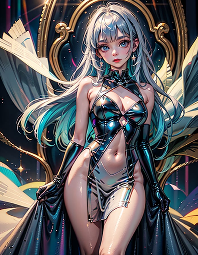1girl, solo, long hair, breasts, looking at viewer, blue eyes, gloves, dress, cleavage, bare shoulders, jewelry, medium breasts, closed mouth, blue hair, white hair, earrings, parted lips, sleeveless, shiny, star (symbol), lips, clothing cutout, covered navel, makeup, sleeveless dress, blue dress, cleavage cutout, skin tight, shiny clothes, red lips, latex