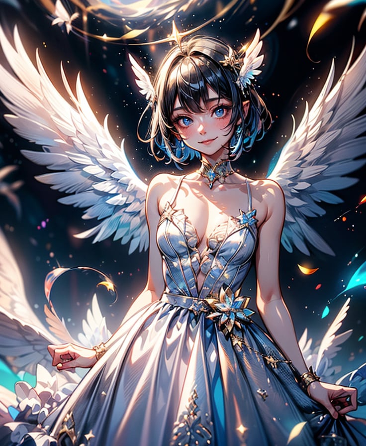 1girl, solo, breasts, looking at viewer, blush, smile, short hair, blue eyes, dress, bare shoulders, closed mouth, blue hair, collarbone, small breasts, wings, sleeveless, white dress, bare arms, sleeveless dress, glowing, halo, feathered wings, angel wings, white wings, angel