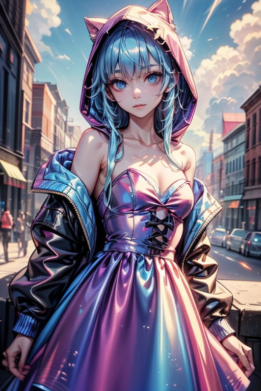 1girl, solo, long hair, breasts, looking at viewer, blue eyes, long sleeves, dress, bare shoulders, closed mouth, blue hair, collarbone, jacket, small breasts, outdoors, open clothes, sky, cloud, hood, off shoulder, strapless, expressionless, cloudy sky, strapless dress, multicolored clothes, purple dress, hood up