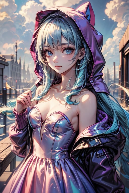 1girl, solo, long hair, breasts, looking at viewer, blue eyes, long sleeves, dress, bare shoulders, closed mouth, blue hair, collarbone, jacket, small breasts, outdoors, open clothes, sky, cloud, hood, off shoulder, strapless, expressionless, cloudy sky, strapless dress, multicolored clothes, purple dress, hood up