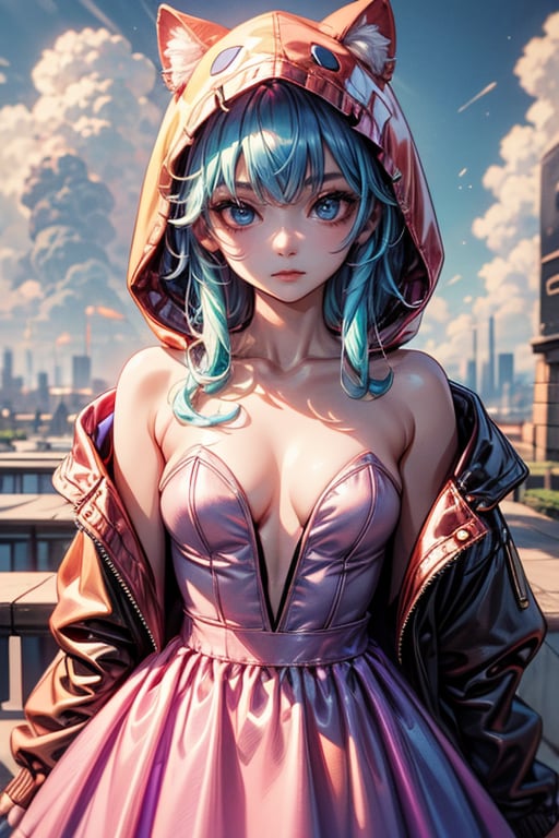 1girl, solo, long hair, breasts, looking at viewer, blue eyes, long sleeves, dress, bare shoulders, closed mouth, blue hair, collarbone, jacket, small breasts, outdoors, open clothes, sky, cloud, hood, off shoulder, strapless, expressionless, cloudy sky, strapless dress, multicolored clothes, purple dress, hood up