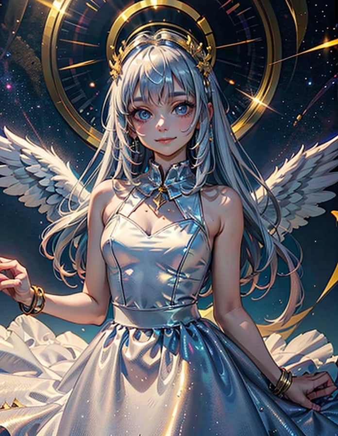 1girl, solo, long hair, breasts, looking at viewer, smile, blue eyes, dress, bare shoulders, jewelry, closed mouth, blue hair, white hair, small breasts, outdoors, wings, sky, sleeveless, cloud, white dress, bracelet, bare arms, night, sleeveless dress, halo, cloudy sky, star (sky), night sky, starry sky, angel wings, angel