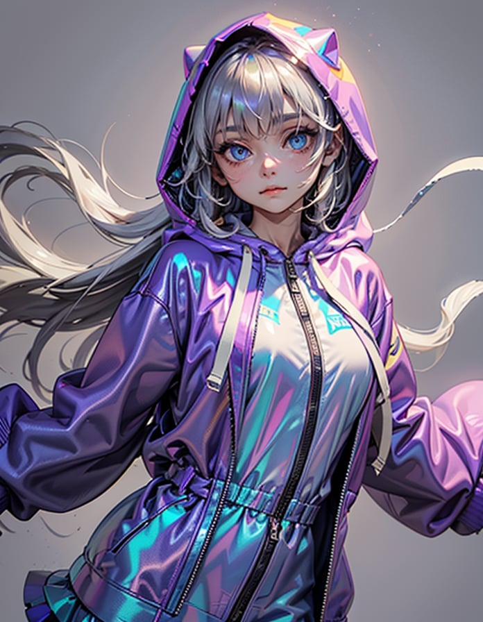 1girl, solo, long hair, looking at viewer, blue eyes, long sleeves, closed mouth, jacket, upper body, white hair, hood, grey background, hoodie, hooded jacket, hood up, zipper, purple hoodie