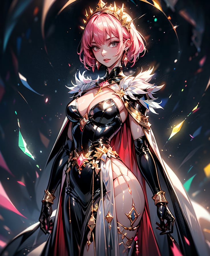 1girl, solo, breasts, looking at viewer, short hair, simple background, dress, jewelry, medium breasts, pink hair, cowboy shot, earrings, parted lips, dark skin, cape, white dress, dark-skinned female, lips, see-through, glowing, black background, gem, arms at sides, white cape, straight-on