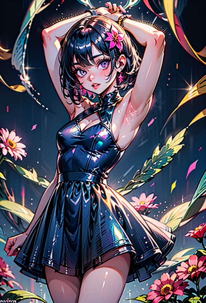 1girl, solo, breasts, looking at viewer, short hair, black hair, hair ornament, dress, holding, bare shoulders, jewelry, standing, purple eyes, flower, cowboy shot, earrings, small breasts, parted lips, sleeveless, shiny, artist name, hair flower, armpits, nail polish, arm up, lips, bare arms, sleeveless dress, blue dress, short dress, purple dress, pink flower, colorful