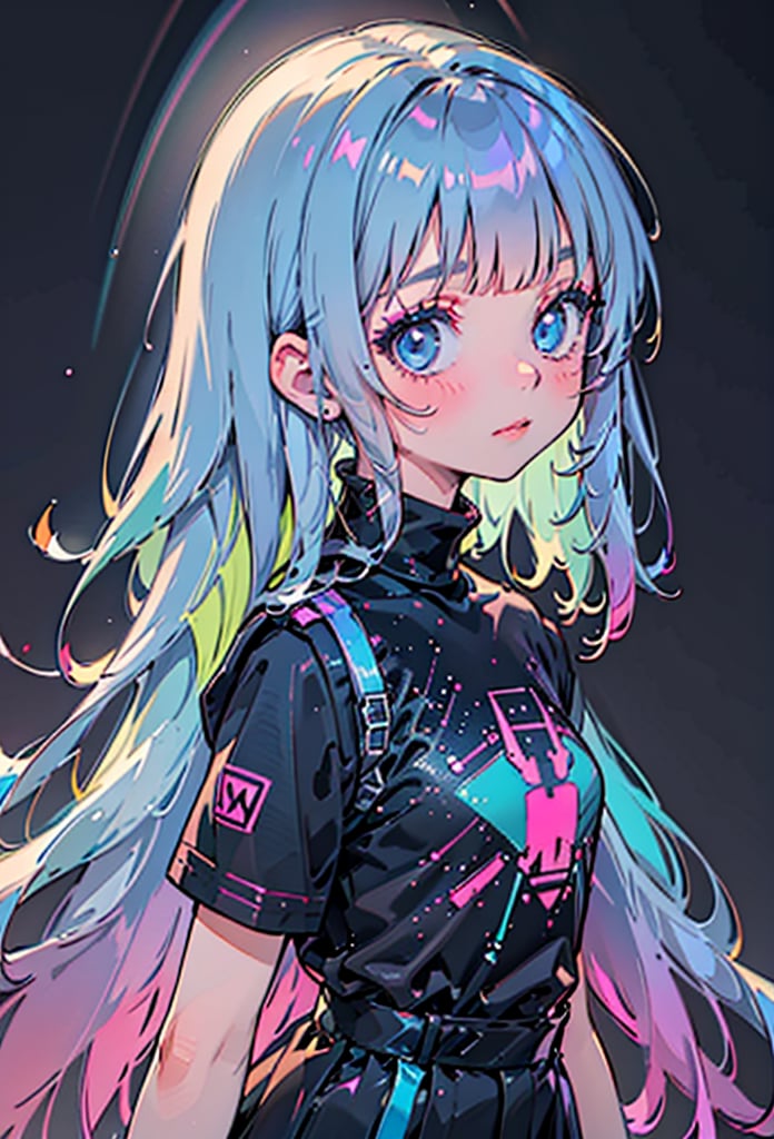 1girl, solo, long hair, looking at viewer, blush, blue eyes, simple background, shirt, closed mouth, blue hair, upper body, short sleeves, multicolored hair, blunt bangs, from side, lips, looking to the side, gradient hair, makeup, turtleneck, black background, straight hair, rainbow hair, glowing hair