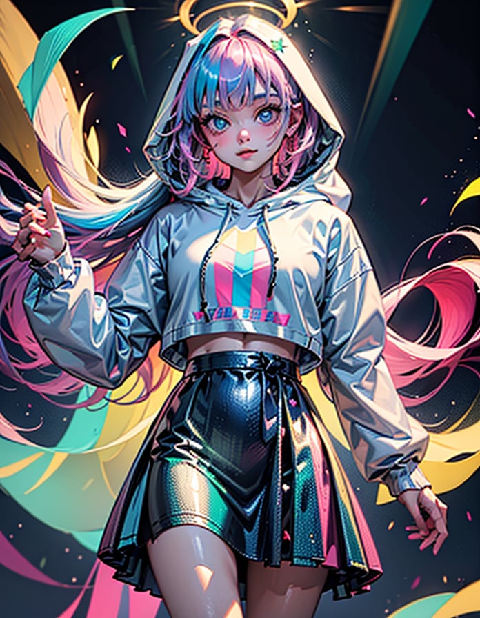 1girl, solo, long hair, looking at viewer, blush, blue eyes, skirt, long sleeves, jewelry, closed mouth, blue hair, standing, pink hair, multicolored hair, cowboy shot, earrings, hood, white  skirt, nail polish, gradient, hoodie, halo, piercing, hood down, multicolored clothes, colored inner hair, skirt hold, drawstring, colorful