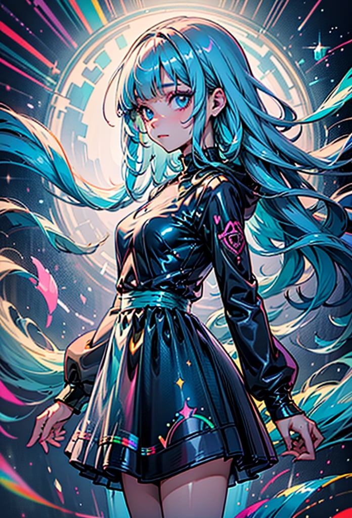 1girl, solo, long hair, breasts, looking at viewer, blue eyes, long sleeves, dress, very long hair, closed mouth, standing, multicolored hair, cowboy shot, blunt bangs, from side, see-through, aqua hair, makeup, colorful, rainbow hair