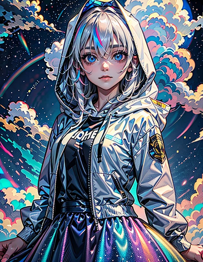 1girl, solo, long hair, looking at viewer, blue eyes, long sleeves, hair between eyes, closed mouth, jacket, upper body, white hair, sky, cloud, hood, hoodie, hood down, star (sky), night sky, hooded jacket, rainbow. white skirt, 