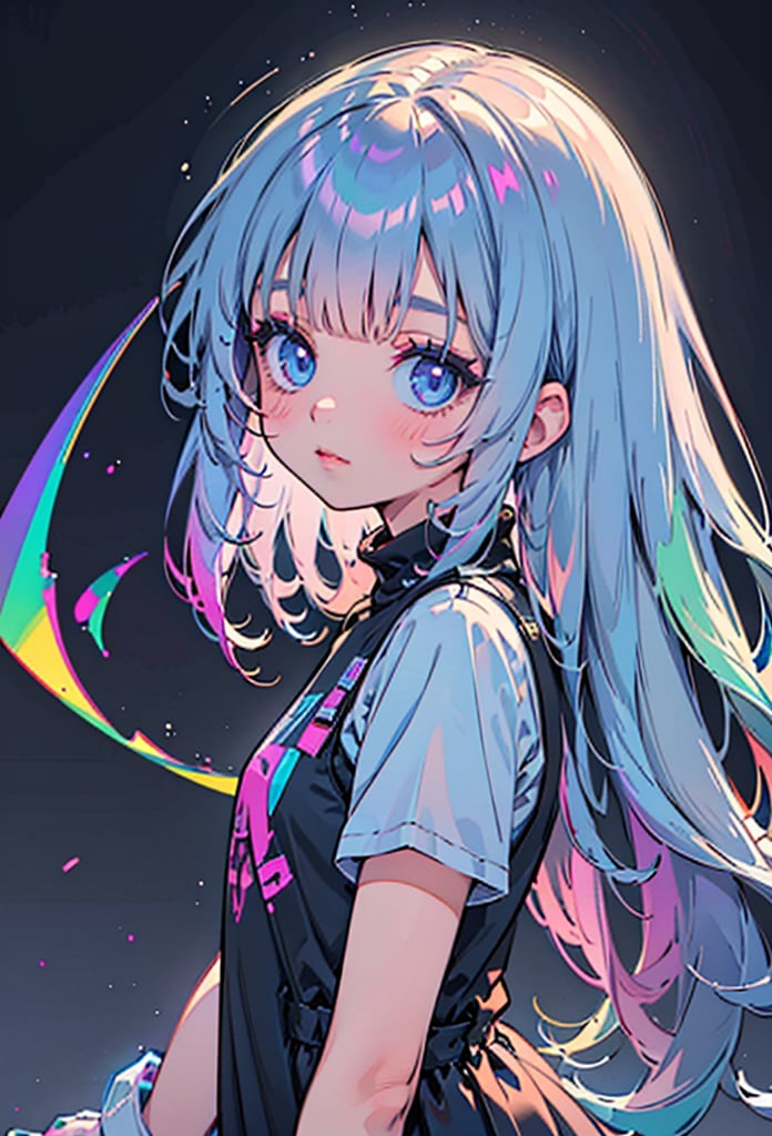 1girl, solo, long hair, looking at viewer, blush, blue eyes, simple background, shirt, closed mouth, blue hair, upper body, short sleeves, multicolored hair, blunt bangs, from side, lips, looking to the side, gradient hair, makeup, turtleneck, black background, straight hair, rainbow hair, glowing hair