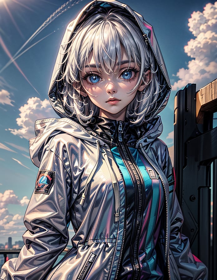 1girl, solo, looking at viewer, short hair, blue eyes, long sleeves, closed mouth, jacket, upper body, white hair, outdoors, sky, cloud, hood, hoodie, expressionless, cloudy sky, hooded jacket, hood up, zipper