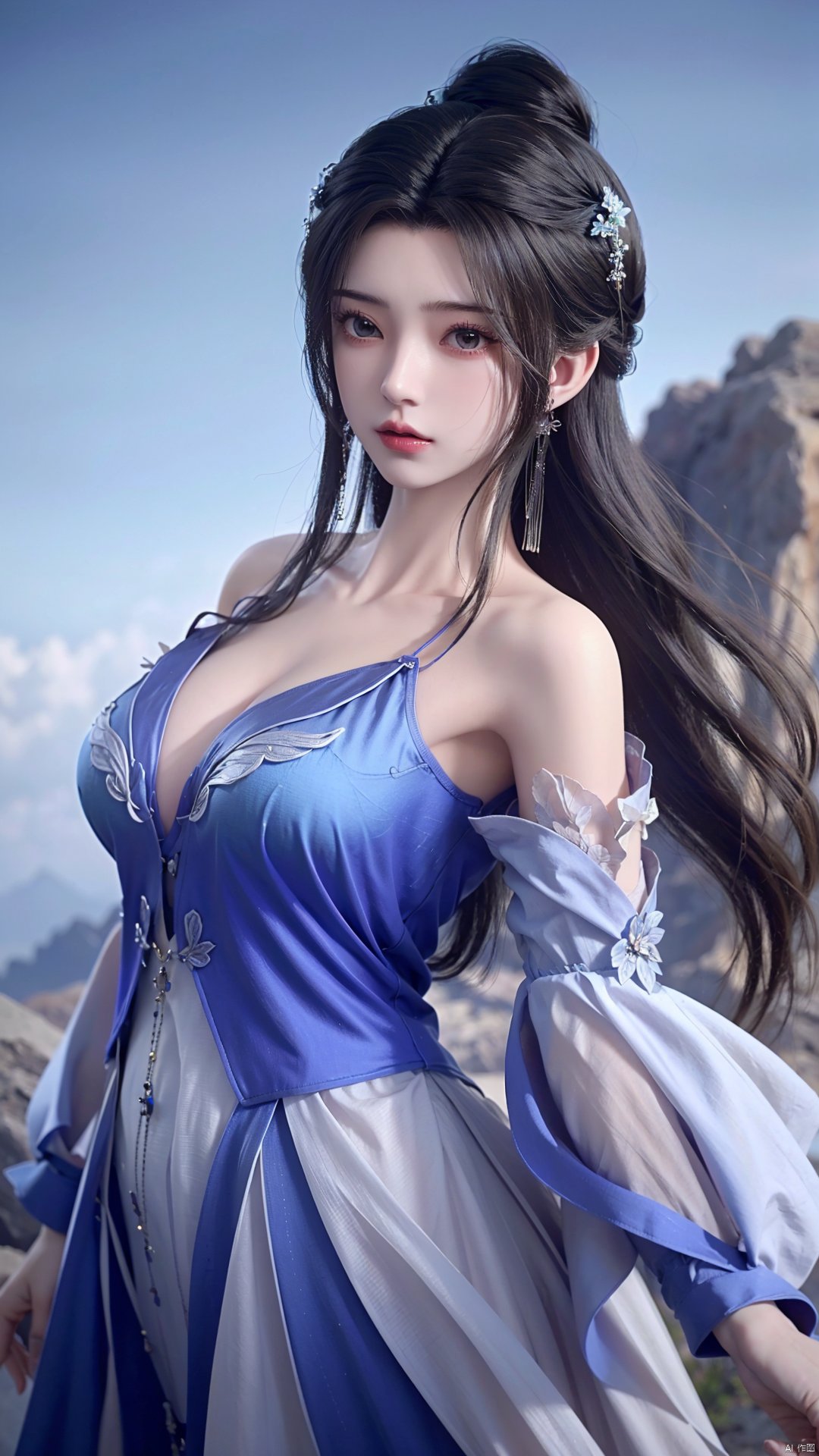  masterpiece,best quality,1girl, bare_shoulders, dress, hair ornament, blue dress, solo, black hair, long hair, hair bun, jewelry, earrings, cowboy shot, dynamic pose, dynamic angle,