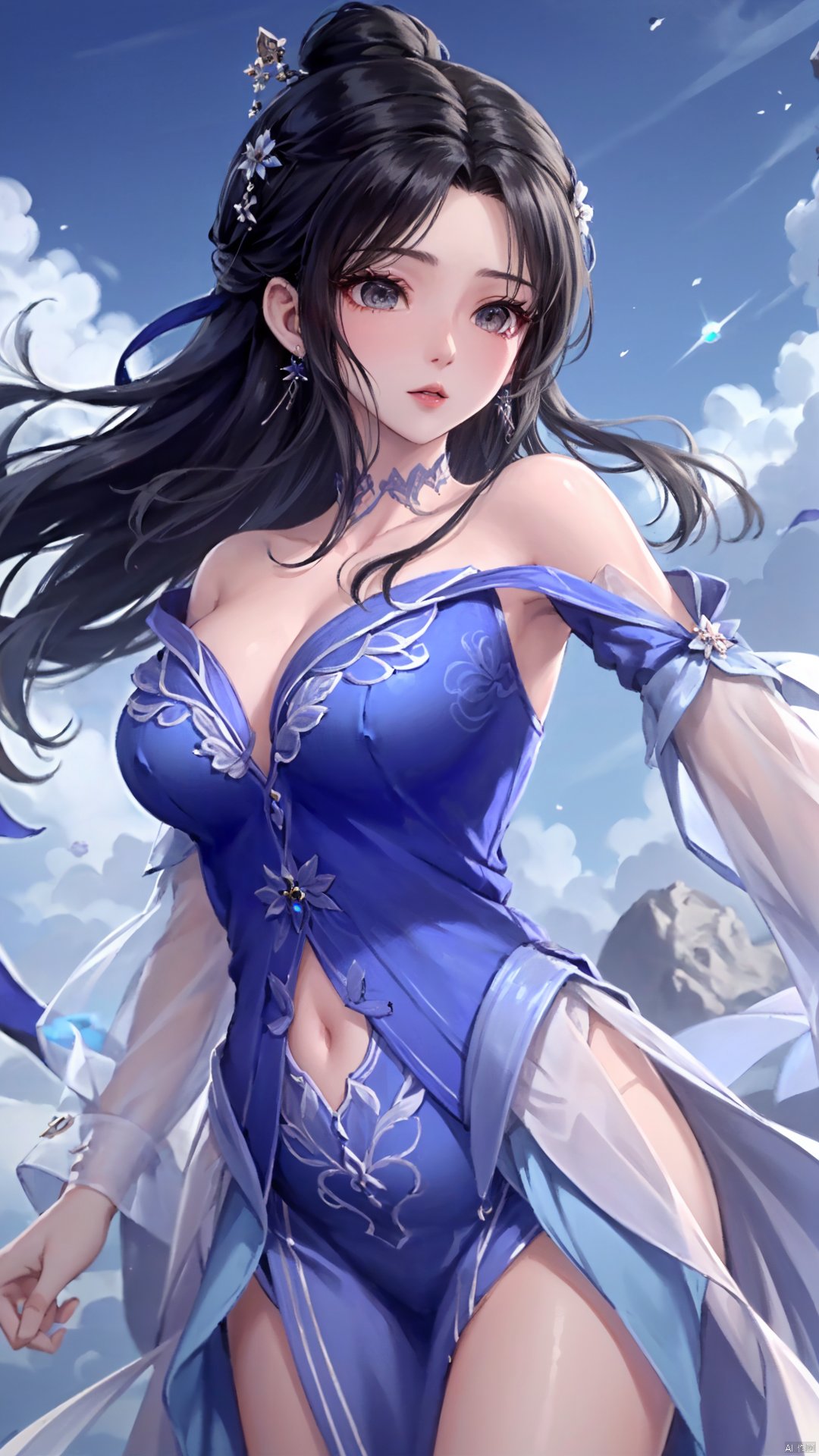  masterpiece,best quality,1girl, bare_shoulders, dress, hair ornament, blue dress, solo, black hair, long hair, hair bun, jewelry, earrings, cowboy shot, dynamic pose, dynamic angle,