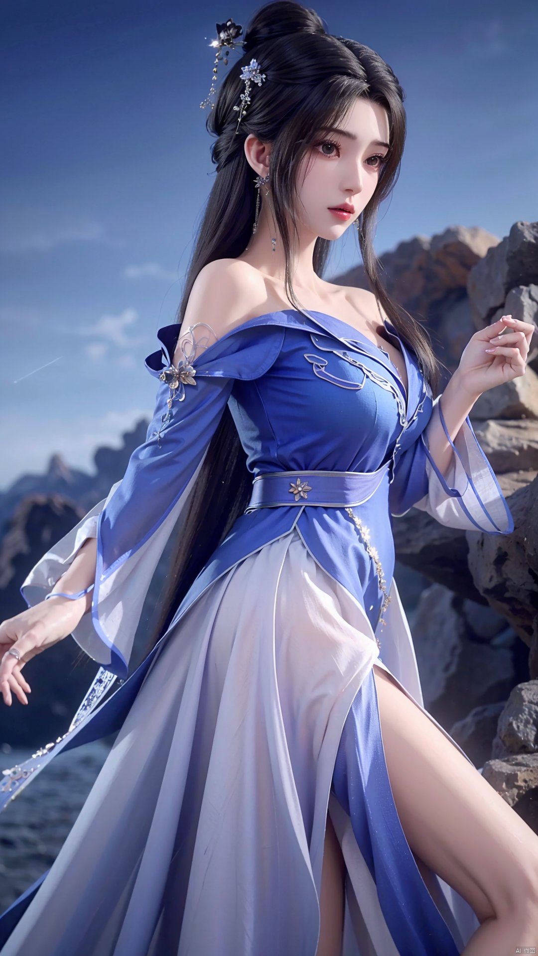  masterpiece,best quality,1girl, bare_shoulders, dress, hair ornament, blue dress, solo, black hair, long hair, hair bun, jewelry, earrings, cowboy shot, dynamic pose, dynamic angle,