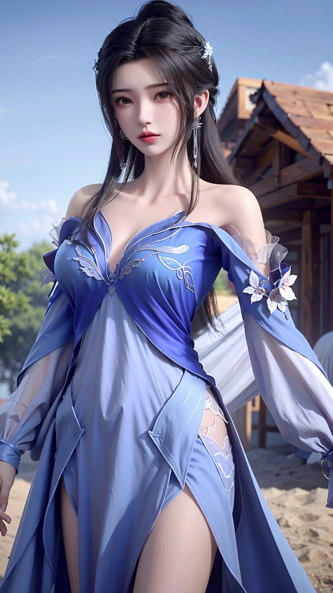  masterpiece,best quality,1girl, bare_shoulders, dress, hair ornament, blue dress, solo, black hair, long hair, hair bun, jewelry, earrings, cowboy shot, dynamic pose, dynamic angle,