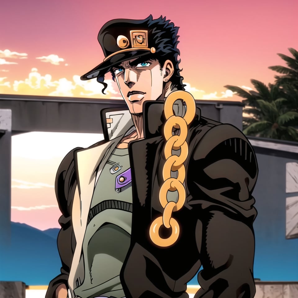 1boy, jotaro, aqua eyes, solo, looking at viewer, photo background,masculine, sunset, official art, upper body