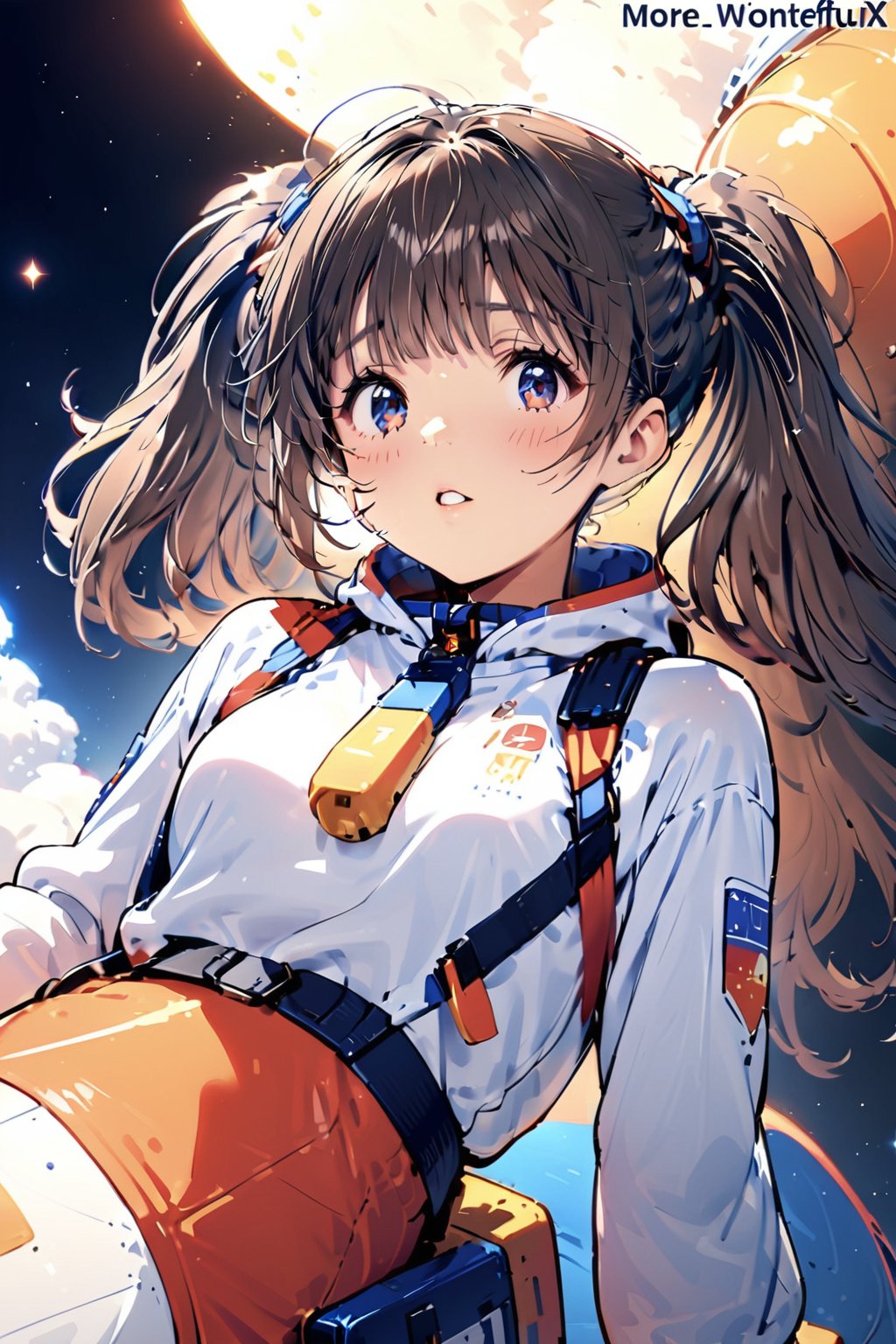 1girl,20yo,twintails,masterpiece,Let's go to the edge of the universe! Get on that rocket! Riding a rocket to venture into space is a wonderful part of exploring the unknown world. I hope you continue to pursue your dreams, and may new discoveries await in the deep corners of the universe!,more detail XL