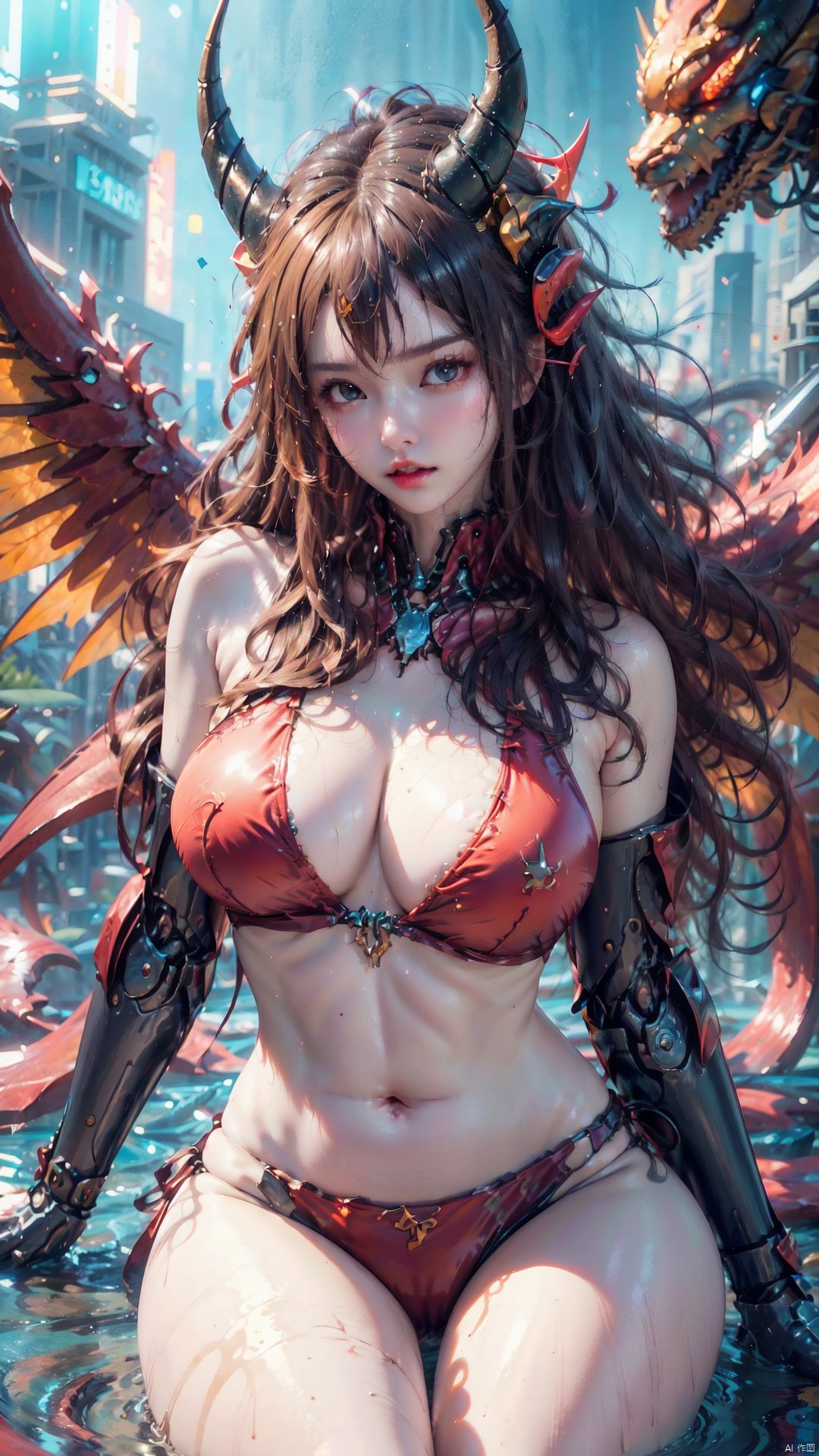  masterpiece, best quality, ultra-detailed, photography, ((beach), ((sea)), ((body-fitting latex bikini)), ((Mech bikini)), ((Mech underwear)), messy hair, ((Detail mechanical wings)) ((perfect body)), (wet fluorescent long hair)), dark blue long hair, (red mechanical horns: 1.5)), beautiful detailed face, delicate features, large ((real eyes)), crystal pupils, (hot figure), ((full breasts), (huge breasts)), (hydrated skin shiny), (sweaty wheat-colored skin delicate and shiny), (strong and slender thighs), athletic, imposing, realistic, Real texture, real photos, cinematography, studio lighting, telephoto, Depth of Field, Large Depth of Field, Master masterpieces, Top CG rendering, highest image quality, 16K High quality, highest image quality, ((ultra-detailed detail)), girl