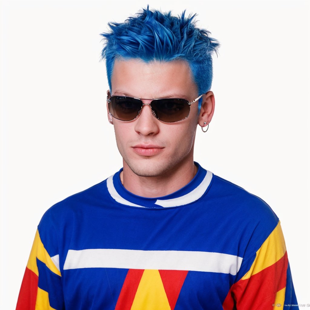 handsome man, 1990s, Gen X soft Club, punk, rock, cybercore, cool, hot, blue hair, youthful, boy band, 32K, HQ, realistic, photorealistic, soft lighting, aesthetic, portrait, white background, Masterpiece, MTV, handsome male