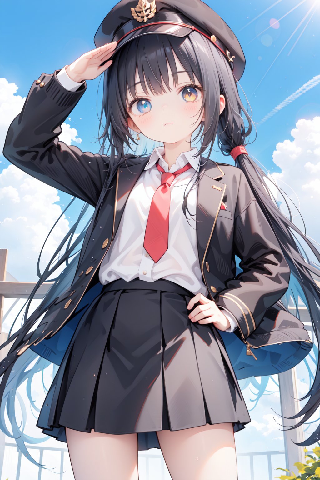  1girl, solo, long hair, looking at viewer, bangs, skirt, shirt, black hair, red eyes, long sleeves, hat, very long hair, closed mouth, standing, jacket, yellow eyes, white shirt, outdoors, necktie, sky, day, collared shirt, cloud, black skirt, water, uniform, blue sky, black jacket, head tilt, hand on hip, heterochromia, white headwear, peaked cap, black necktie, pencil skirt, contrapposto, salute