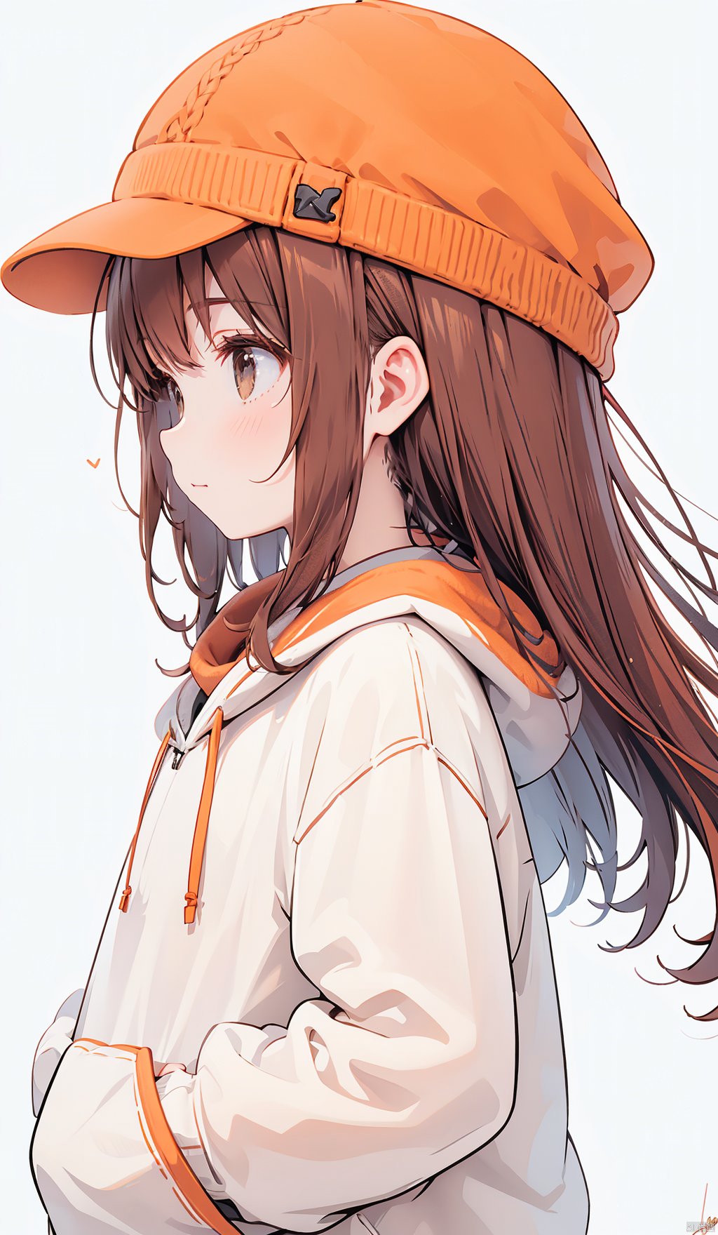  1girl, solo, long hair, bangs, brown hair, long sleeves, hat, closed mouth, upper body, signature, hood, orange hair, from side, hoodie, profile, shadow, hood down, hands in pockets, white hoodie