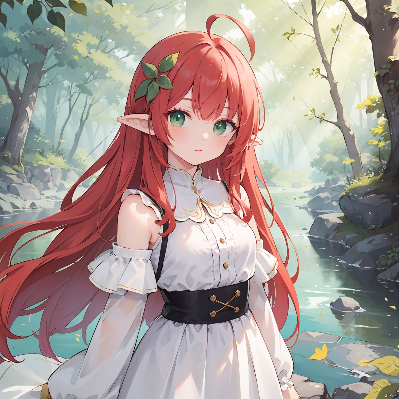 (masterpiece),  (best quality),  Exquisite visuals,  high-definition,  (ultra detailed),  finely detail,  ((solo)),  (beautiful detailed eyes),  long hair,  red hair,  asymmetrical bangs,  ahoge,  green eyes,  pointy ears,  Cherry hair ornament,  looking at viewer,  standing, leaves,  nature,  (sunlight),  river,  (forest)