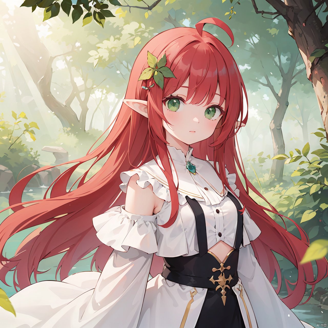 (masterpiece),  (best quality),  Exquisite visuals,  high-definition,  (ultra detailed),  finely detail,  ((solo)),  (beautiful detailed eyes),  long hair,  red hair,  asymmetrical bangs,  ahoge,  green eyes,  pointy ears,  Cherry hair ornament,  looking at viewer,  standing, leaves,  nature,  (sunlight),  river,  (forest)