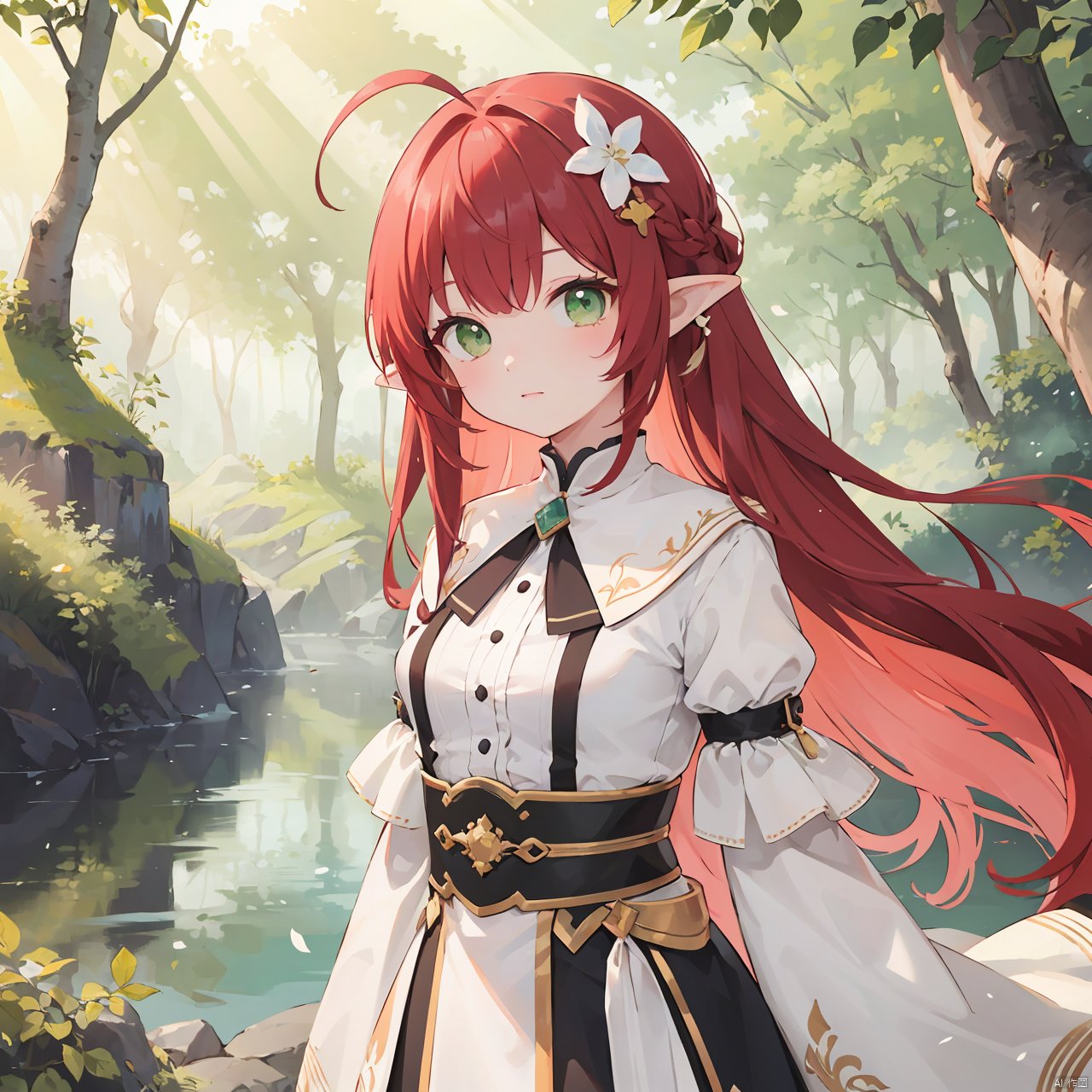 (masterpiece),  (best quality),  Exquisite visuals,  high-definition,  (ultra detailed),  finely detail,  ((solo)),  (beautiful detailed eyes),  long hair,  red hair,  asymmetrical bangs,  ahoge,  green eyes,  pointy ears,  Cherry hair ornament,  looking at viewer,  standing, leaves,  nature,  (sunlight),  river,  (forest)