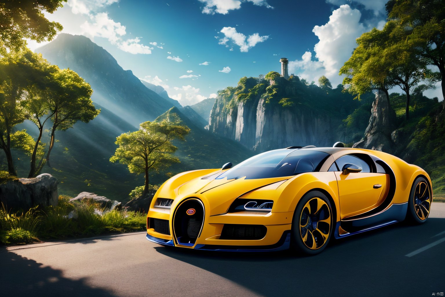  lifelike, precise, vibrant, absurdres,((bugatti concept car)) in Wonderland landscape,magical forest,BREAK,vivid colorful sky with clouds, light up the surroundings,cinematic lighting, light master