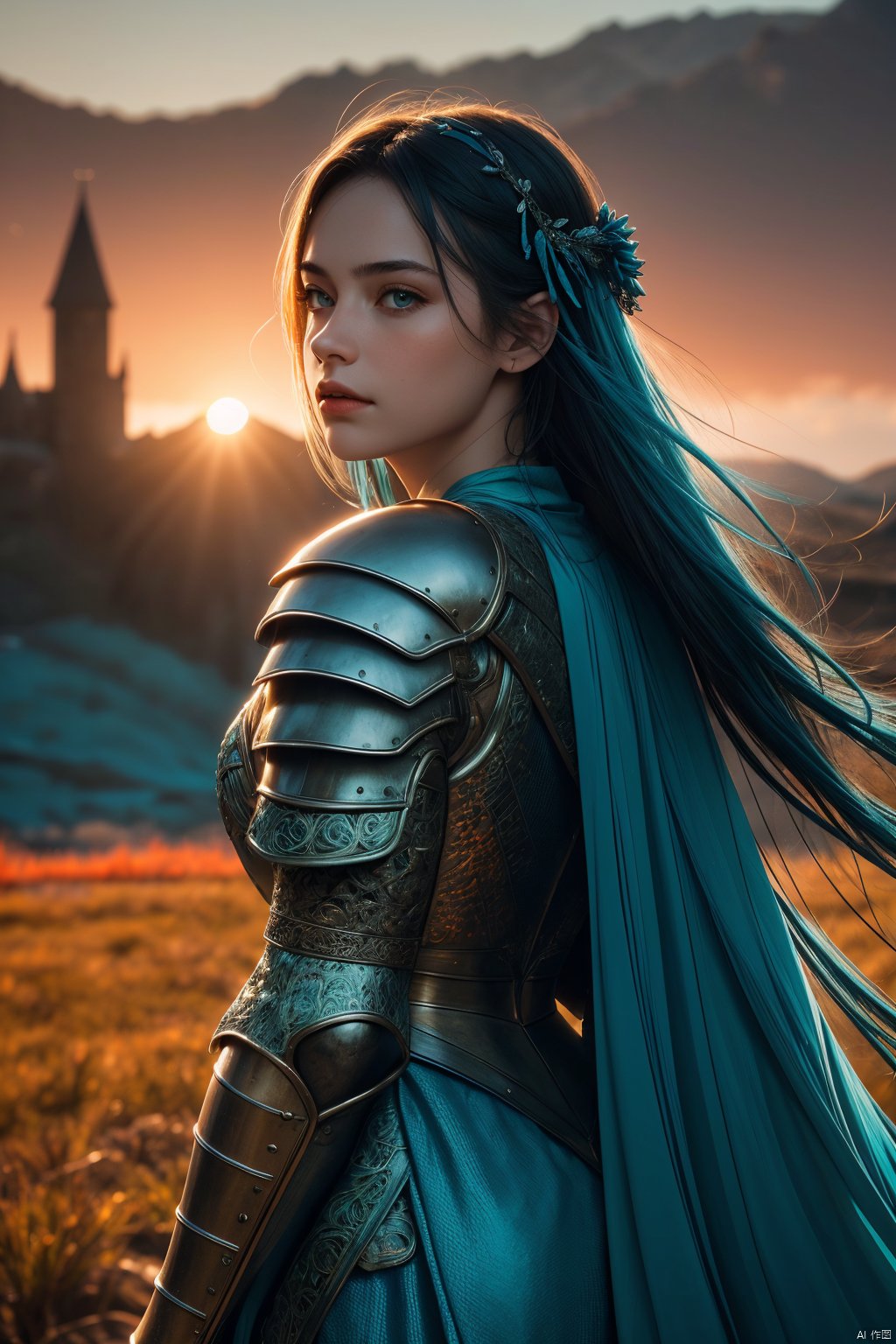  (absurdres, highres, ultra detailed)(masterpiece), (extremely intricate:1.3), (realistic), portrait of a girl\( the most beautiful in the world, (medieval armor), metal reflections, upper body, look back\), sharp focus, BREAK, outdoors, intense sunlight, far away castle, dramatic, award winning, cinematic lighting, , volumetrics dtx, (film grain, blurry background, blurry foreground, bokeh, depth of field, sunset, motion blur:1.3), chainmail, exposure blend, medium shot, bokeh, (hdr:1.4), high contrast, (cinematic, teal and orange:1.4), (muted colors, dim colors, soothing tones:1.3), low saturation