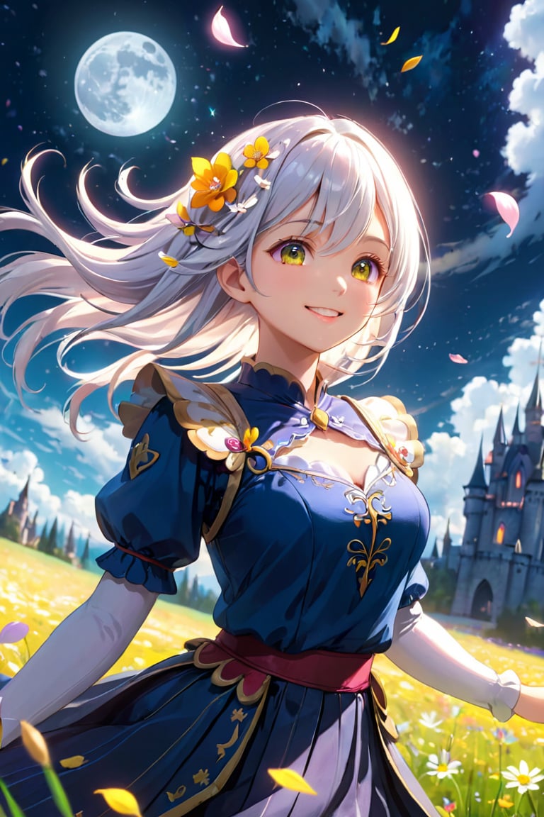 masterpiece, best quality, 1girl, (colorful),(delicate eyes and face), volumatic light, ray tracing, bust shot ,extremely detailed CG unity 8k wallpaper,solo,smile,intricate skirt,((flying petal)),(Flowery meadow) sky, cloudy_sky, moonlight, moon, night, (dark theme:1.3), light, fantasy, windy, magic sparks, dark castle,white hair
