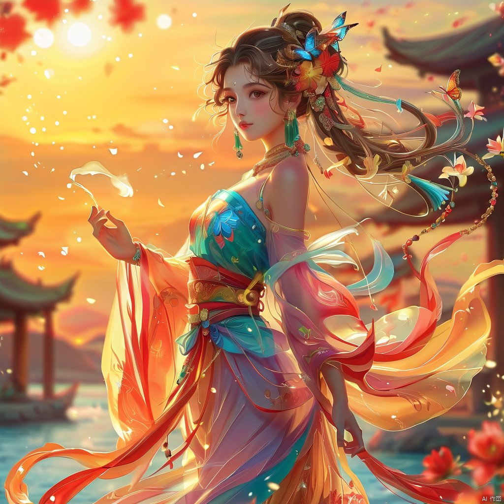  dunhuang,1girl, solo, long hair, looking at viewer, bangs, brown hair, hair ornament, long sleeves, dress, bare shoulders, jewelry, standing, ponytail, flower, earrings, outdoors, parted lips, detached sleeves, hair flower, wide sleeves, water, blurry, bracelet, from side, sash, petals, depth of field, blurry background, bug, butterfly, tassel, backlighting, dunhuang