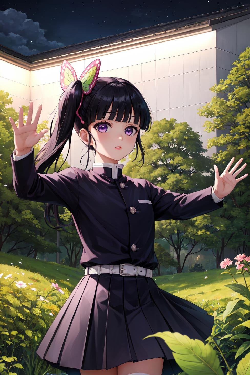 masterpiece, best quality, highres,kanaodef, 1girl, solo, purple eyes, black hair, long hair, blunt bangs, bangs, hair ornament, bug, butterfly, side ponytail, butterfly hair ornament, skirt, long sleeves, jacket, black jacket, pleated skirt, belt, black skirt, knee, buckle, sheathed, belt buckle, white belt, demon slayer uniform, kimetsu no yaiba, <lora:LoRA_Kanao:1>, upper body, looking at viewer, waving, waving arms, outdoors, forest, field, night, night sky, starry sky, 