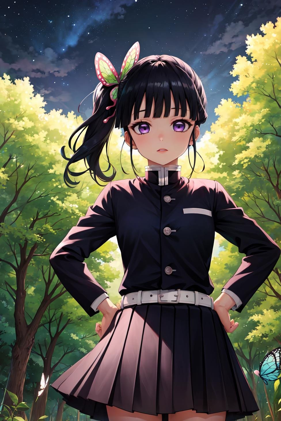 masterpiece, best quality, highres,kanaodef, 1girl, solo, purple eyes, black hair, long hair, blunt bangs, bangs, hair ornament, bug, butterfly, side ponytail, butterfly hair ornament, skirt, long sleeves, jacket, pleated skirt, belt, black skirt, knee, buckle, sheathed, belt buckle, white belt, demon slayer uniform, tsuyuri kanao, kimetsu no yaiba, <lora:LoRA_Kanao:1>, upper body, looking at viewer, hands on hips, outdoors, forest, field, night, night sky, starry sky, 