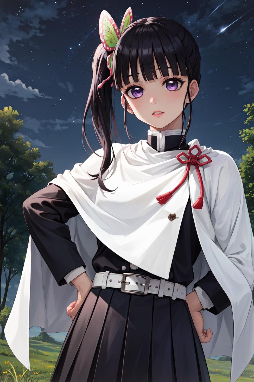 masterpiece, best quality, highres,kanaodef, 1girl, solo, purple eyes, black hair, long hair, blunt bangs, bangs, hair ornament, bug, butterfly, side ponytail, butterfly hair ornament, skirt, long sleeves, jacket, black jacket, pleated skirt, belt, black skirt, knee, buckle, sheathed, belt buckle, white belt, cape, white cape, demon slayer uniform, kimetsu no yaiba, <lora:LoRA_Kanao:1>, upper body, looking at viewer, hands on hips, outdoors, forest, field, night, night sky, starry sky, 