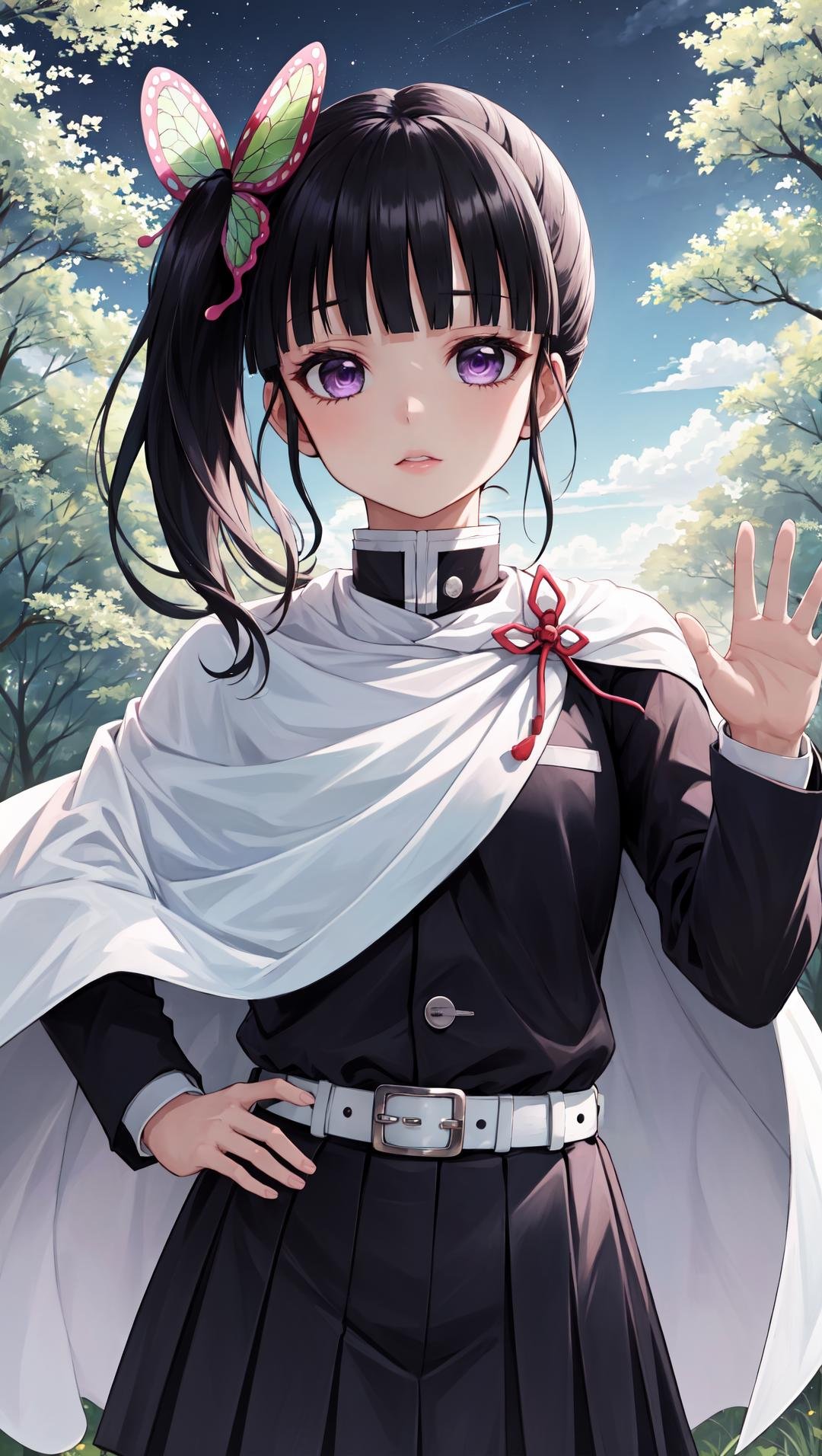 masterpiece, best quality, highres,kanaodef, 1girl, solo, purple eyes, black hair, long hair, blunt bangs, bangs, hair ornament, bug, butterfly, side ponytail, butterfly hair ornament,skirt, long sleeves, jacket, black jacket, pleated skirt, belt, black skirt, knee, buckle, sheathed, belt buckle, white belt, cape, white cape, demon slayer uniform, kimetsu no yaiba,<lora:LoRA_Kanao:1>, upper body, looking at viewer, hand on hips, waving, waving arms, outdoors, forest, field, night, night sky, starry sky,